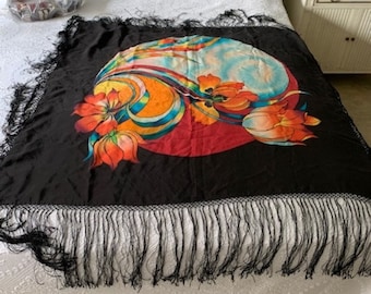 Vintage Black Silk Hand Painted Very Large Fringed Scarf Made In Hawaii