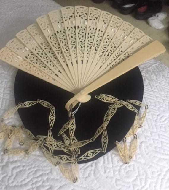Antique Cream Celluloid Ribbon Fan On Long Lacy Celluloid Chain