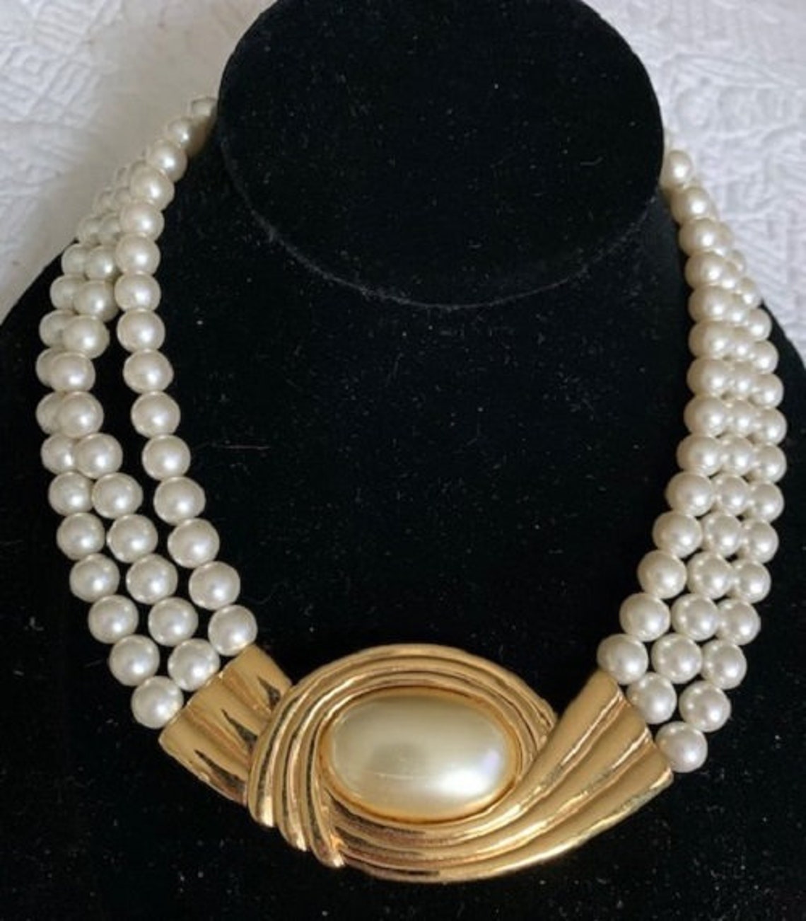 Vintage Signed Napier Large 3 Strand Pearl Necklace W/Center Etsy