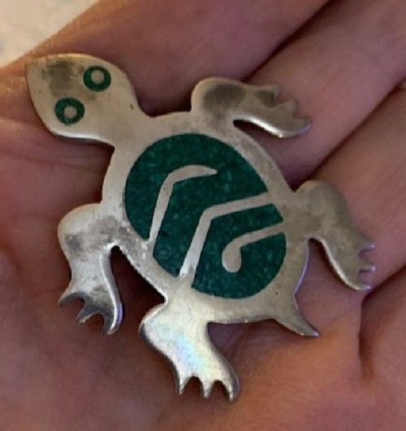 Vintage Mexican Sterling And Stone Turtle Brooch … - image 1
