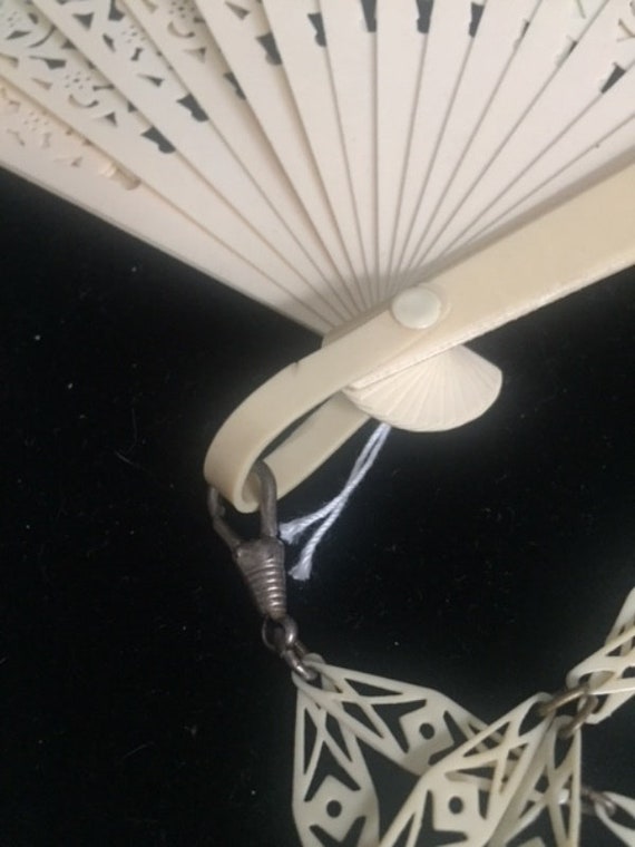 Antique Cream Celluloid Ribbon Fan On Long Lacy C… - image 7