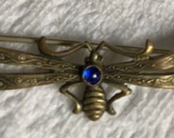 Vintage Art Nouveau Brass Fly Brooch W/ Red And Blue Stones And C Clasp