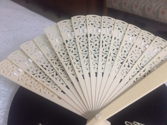 Antique Cream Celluloid Ribbon Fan On Long Lacy C… - image 9