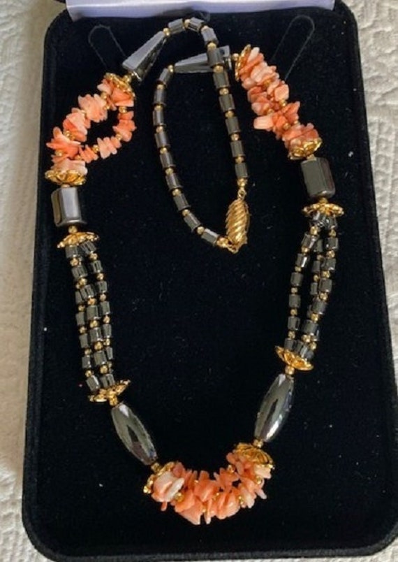 Vintage Real Coral And Hematite Necklace W/Gold Pl
