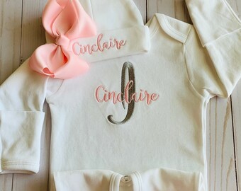 Personalized Baby Girl Coming Home Outfit, Monogram Baby Sleeper, Onesie, Romper Baby Hat with Hairbow Pink and White