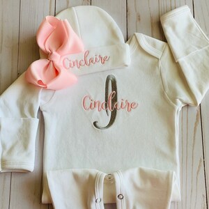 Personalized Baby Girl Coming Home Outfit, Monogram Baby Sleeper, Onesie, Romper Baby Hat with Hairbow Pink and White