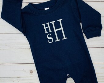 Personalized Baby Outfit, Navy Blue Monogrammed Romper, Baby Shower Gift, Baby Boy Romper, Coming Home Outfit