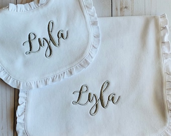 Ruffle Bib and Burp Cloth Set, Girl Baby Shower Gift, Monogrammed Bib and Burp Cloth Set