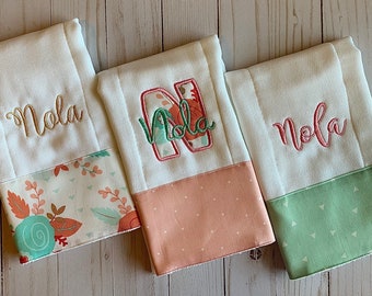 Set of 3 Monogrammed and Personalized Baby Girl Burp Cloths, Baby Shower Gift, Baby Burp Cloths, Pink, Green