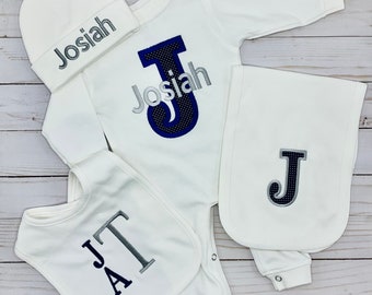 Baby Boy Coming Home Outfit Baby Onesie Monogram Baby Burp cloth Baby Hat Baby Blanket Blue and Gray