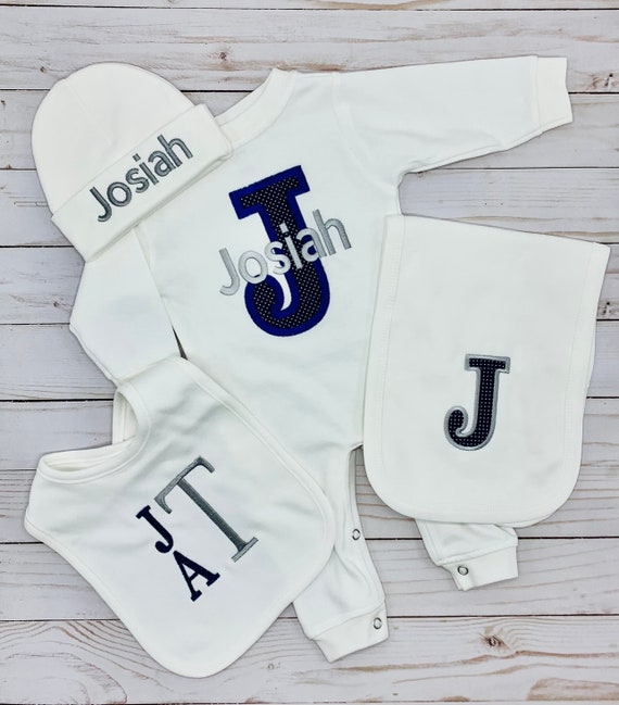 Baby Boy Coming Home Outfit Baby Onesie Monogram Baby Burp Cloth Baby Hat Baby Blanket Blue and Gray Etsy