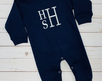 Personalized Baby, Navy Blue Monogrammed Romper, Baby Shower Gift, Baby Boy Romper, Coming Home Outfit