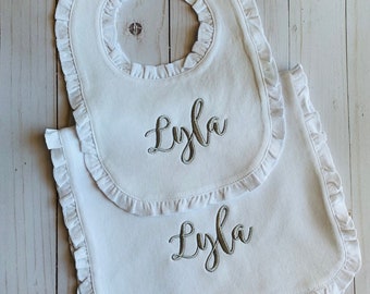 Ruffle Bib and Burp Cloth Set, Girl Baby Shower Gift, Monogrammed Bib and Burp Cloth Set