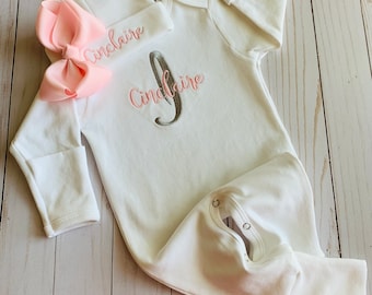 Personalized Baby Girl Coming Home Outfit, Monogram Baby Sleeper, Onesie, Romper Baby Hat with Hairbow Pink and White