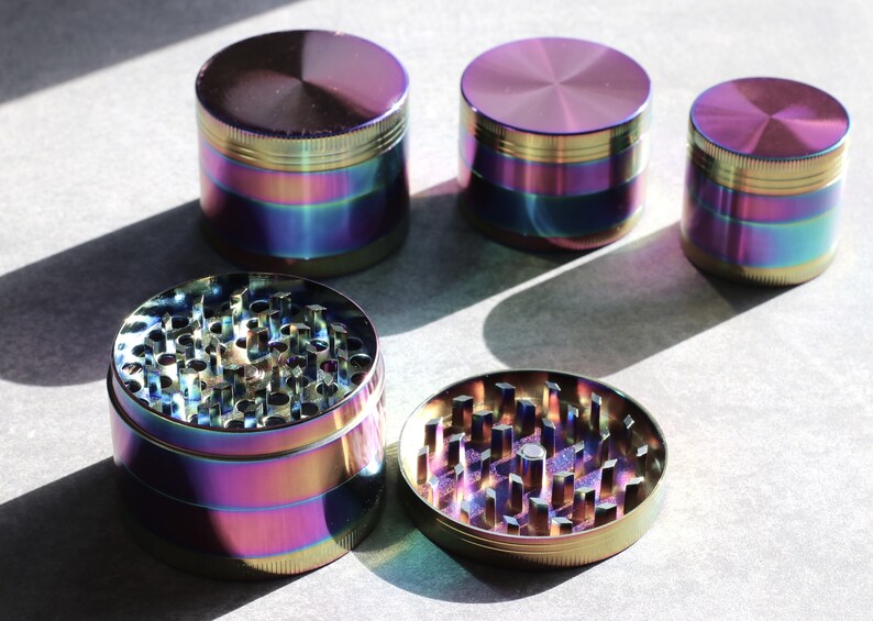 Rainbow Colored Herb Grinders 4 sizes to choose from 4 pc grinder w/magnetic lid, filter and base image 8