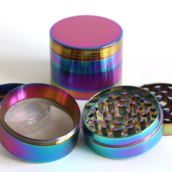 Rainbow Colored Herb Grinders- 4 sizes to choose from- 4 pc grinder w/magnetic lid, filter and base