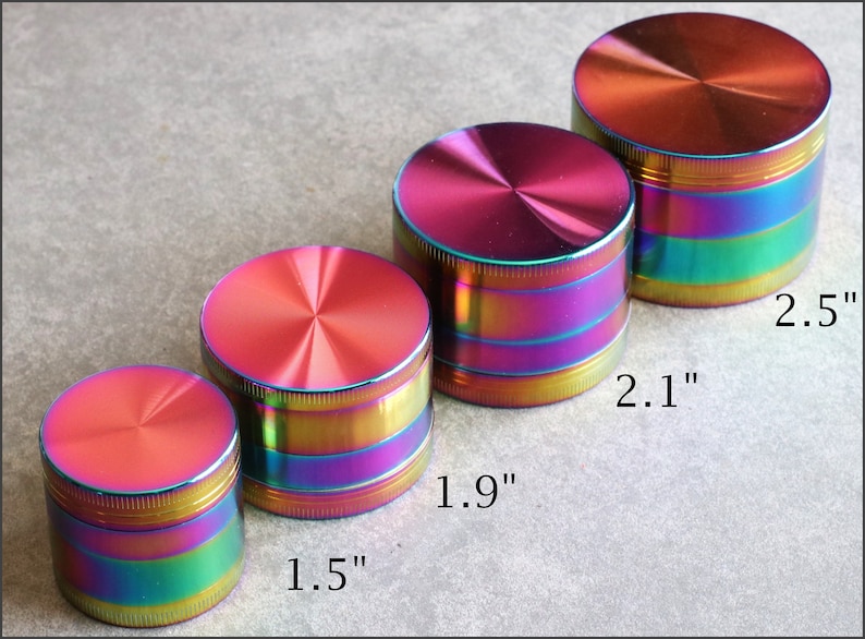 Rainbow Colored Herb Grinders 4 sizes to choose from 4 pc grinder w/magnetic lid, filter and base image 1