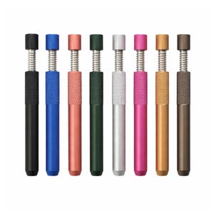 May include: A collection of eight metal tools with a spring mechanism. Each tool has a different colored handle, including black, blue, copper, green, silver, pink, gold, and brown. The tools are arranged vertically against a white background.