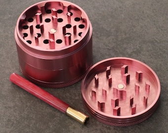 Pink Grinder & One Hitter Pipe- 4 piece Herb grinder- Pink Rose Brass and Resin Pipe- Ultimate smoker's gift