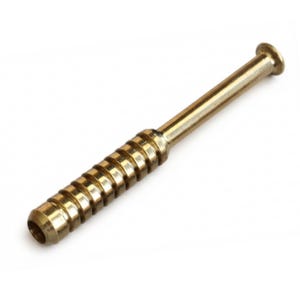 May include: A cylindrical brass tool featuring a textured grip section with deep horizontal grooves along the lower half, transitioning into a smooth, slender shaft that terminates in a slightly flared, circular end piece with a polished finish.