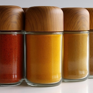 May include: A row of glass spice jars with wooden lids. The jars are filled with vibrant spices in shades of red, yellow, and brown. The jars are cylindrical and sit on a white surface.