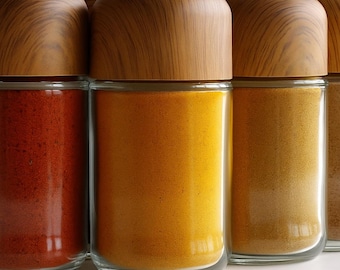 May include: A row of glass spice jars with wooden lids. The jars are filled with vibrant spices in shades of red, yellow, and brown. The jars are cylindrical and sit on a white surface.
