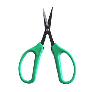 May include: A pair of small, open scissors with black blades and bright green handles. The handles have a loop design for easy gripping. The scissors are set against a plain white background.