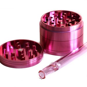 The Pink Collection- Pink 2.5&quot; Herb Grinder & 4&quot; Pink Glass Multi Hitter- One Hitter Pipe- The Perfect Gift