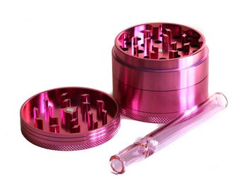 The Pink Collection- Pink 2.5" Herb Grinder & 4" Pink Glass Multi Hitter- One Hitter Pipe- The Perfect Gift