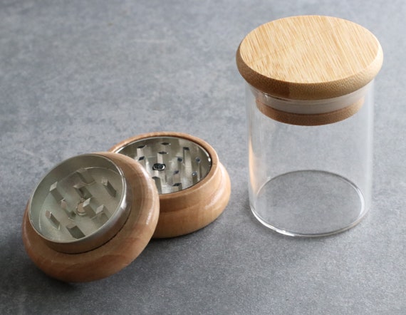 Glass Stash Jar & Wood Herb Grinder Combo: Bamboo Lid