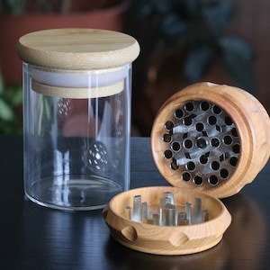 Wood Herb Grinder & Glass Stash Jar Set