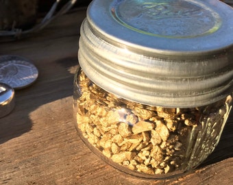 GOLD NUGGET Replicas in Vintage American Mini Mason Jar, Display Item, Helps An Independent Miner, Genuine Heavy Iron Stones Painted Gold