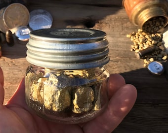 CHUNKY GOLD NUGGET Replicas in Vintage American Mini Mason Jar, Display Item, Unique Piece, Genuine Heavy Chunky Iron Stones Painted Gold