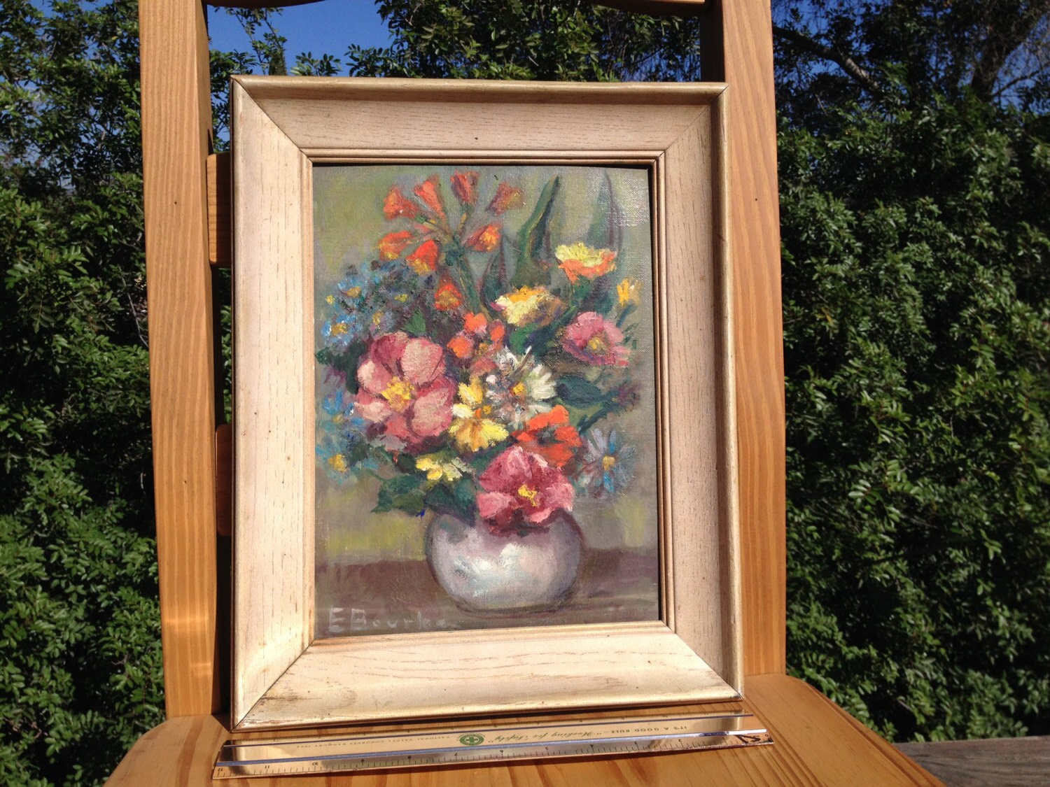1930S Original Artwork E. Bourke Painting, Cut Flowers On Canvas, Engaging & Colorful Piece, Framed Art, San Diego Art