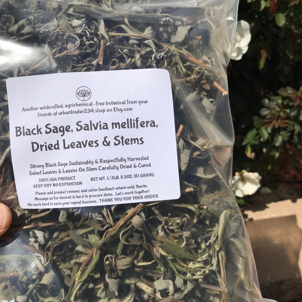 Dried 1/3lb BLACK SAGE, Salvia Mellifera, Leaves and Leaves on Stems Order, 5.3 ounces, Sacred, Strong, Aromatic , Wildcrafted, Wild Sage