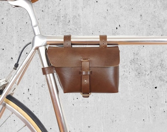 Leather Bicycle  Bag, Bike Tool Bag, Crossbar Bag, Personalization Gift Brown