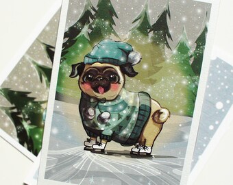 Pug Christmas Card, Pug Art, Dog Winter Snowflakes Forest Drawing, Sweet Doglover Gift, Pug Card, Season Greetings Cards, Pet Art, Pug Print