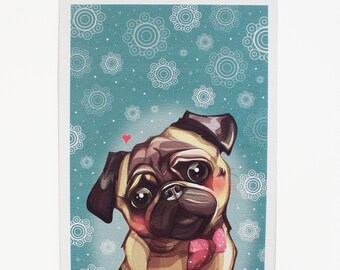 Pug Christmas Card, Pug Art, Dog Illustration, Christmas Blank Pug Card, Christmas Snowflakes Card, Holiday Card Dog Drawing, Sweet Pug Gift