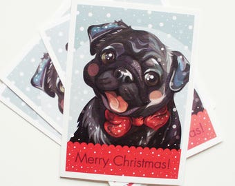 Black Pug Card, Black Pug Merry Christmas Card, Pug Christmas Card, Sweet Pug Gift, Pug Art,Pug Illustration Print,Christmas Snowflakes Card