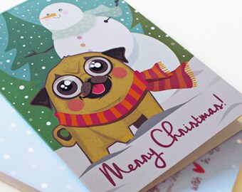 Pug Card, Pug Merry Christmas Card, Dog Winter Holiday Greeting Card, Funny Animal Illustration, Cute Sweet Gift, Christmas Snowflakes Card