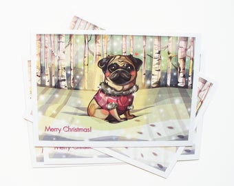 Pug Christmas Card, Sweet Pug Gift, Pug Art, Pug Illustration Print, Christmas Snowflakes Card, Birch Trees Forest Art, Dog Winter Note Card