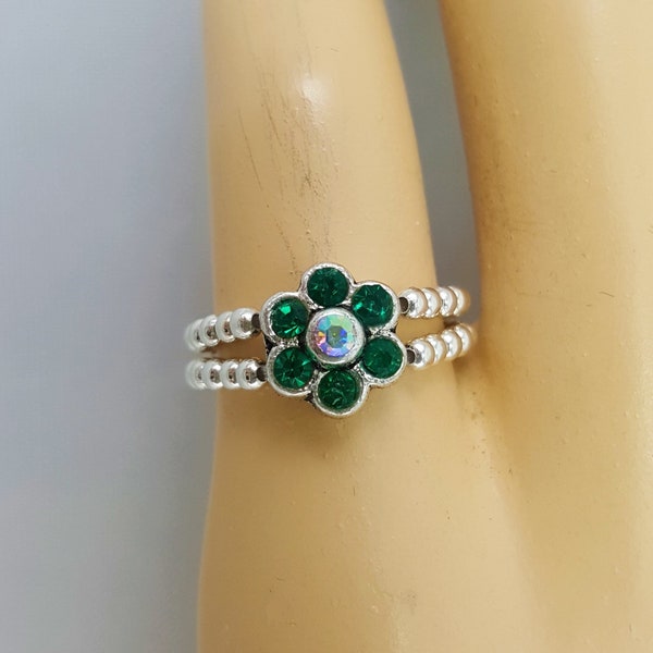 10 colors/Dainty Crystal Flower Stretch Rings/Toe or Finger/Sterling silver bands