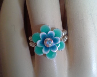 Enamel Flower Power Stretch Ring/Sterling silver band - for finger or toe