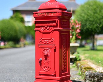 Red & Gold Cast Aluminium Freestanding Post Box: Lockable Parcel Delivery