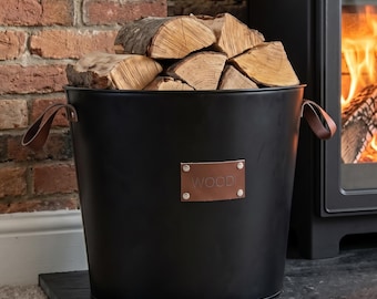 Black Steel  Fireside Log Basket - Leather Handles