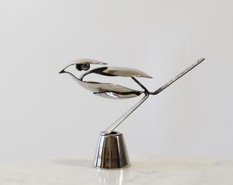 Recycled Spoon Bird Sculpture: Metal Art Ornament on Stand