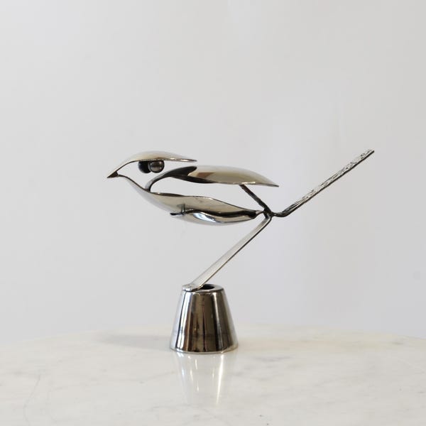 Recycled Spoon Bird Sculpture: Metal Art Ornament on Stand