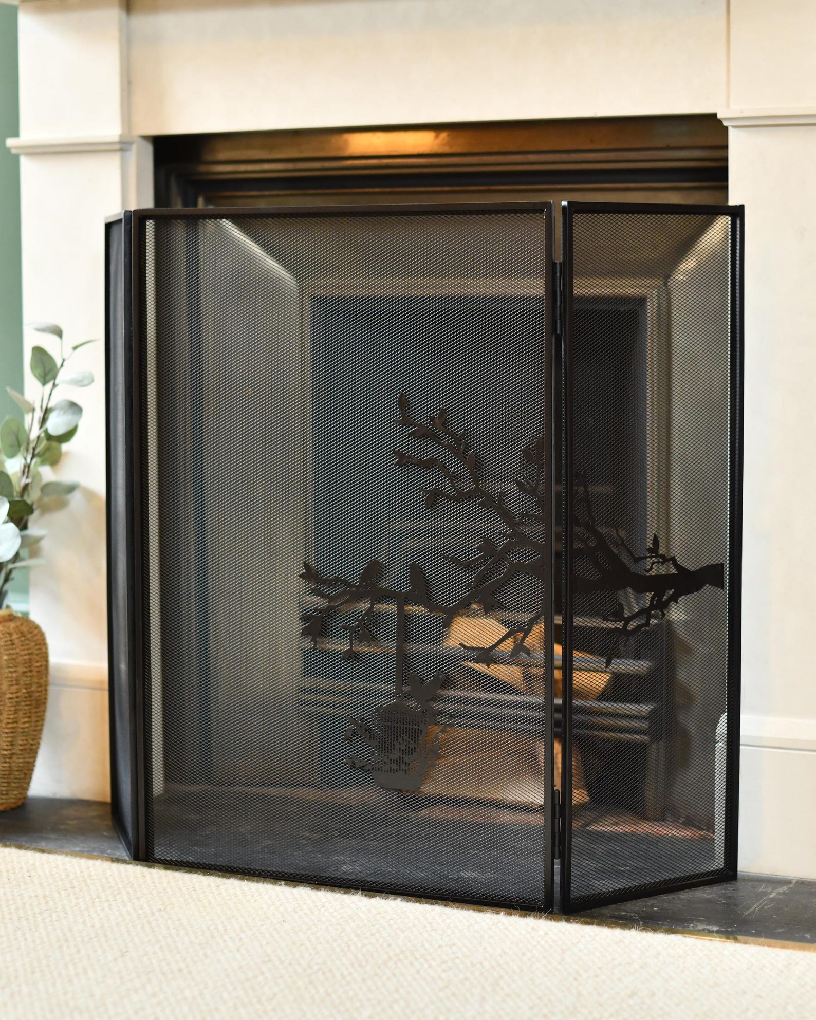 Black Three Fold Ornate Fire Guard, Bird & Tree Design, Mesh Guard ...