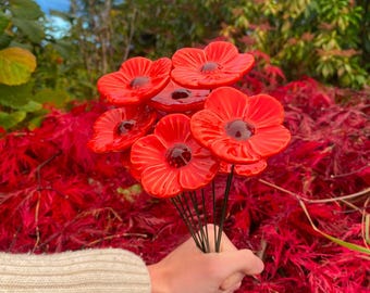 Hand-painted Ceramic Poppies | Set of 6 or 12 | Metal Spikes | Home or Garden Decoration