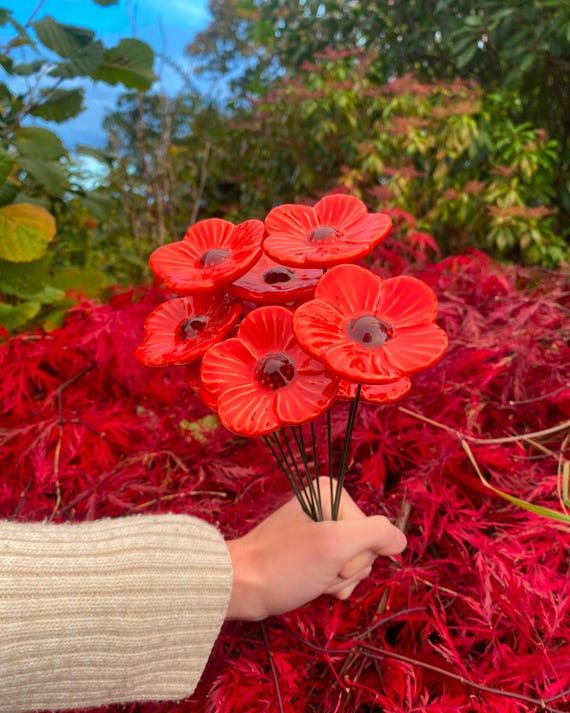 Hand-painted Ceramic Poppies | Set of 6 or 12 | Metal Spikes